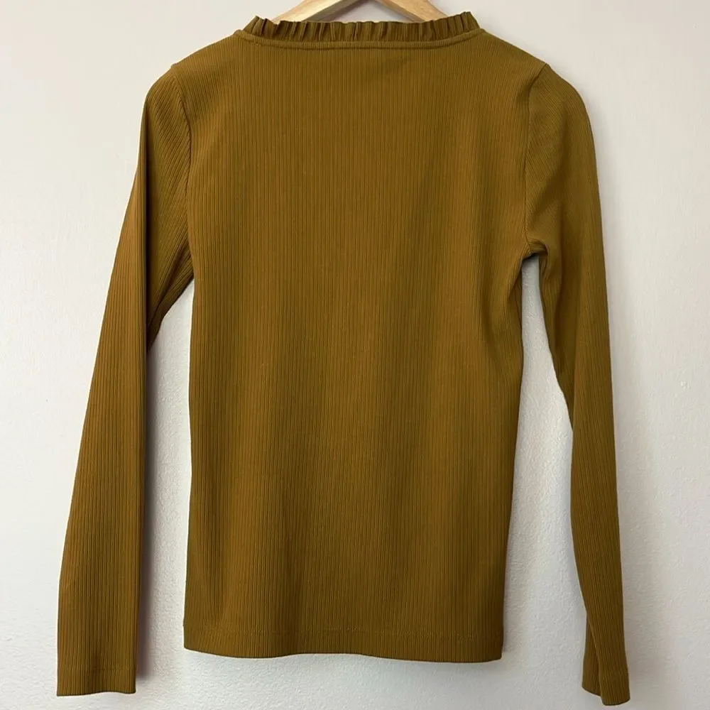 J Crew Ribbed Ruffle Neck Long Sleeve Shirt Bronzed Surplus Brown Women's Small - Picture 6 of 10